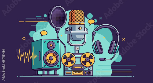 Vintage recording equipment with microphone headphones and audio waveform on colorful background