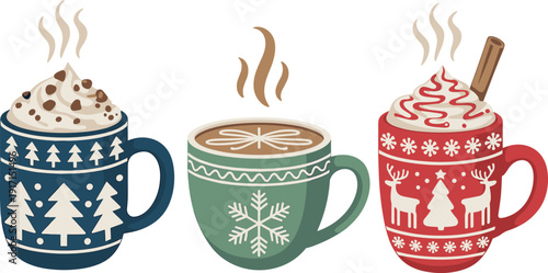 Festive Christmas mugs with hot chocolate, latte art and whipped cream vector illustration isolated on white background