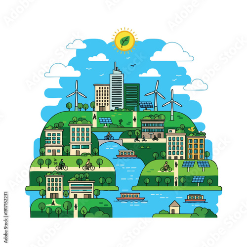 Eco Friendly Urban Landscape with Renewable Energy Sources and Sustainable Buildings