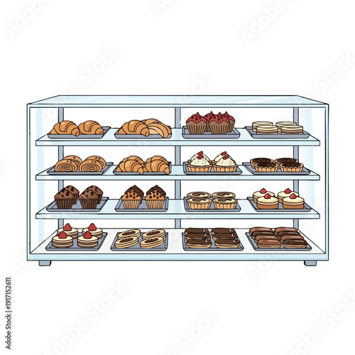 Elegant Display of Delicious Pastries and Treats in a Modern Bakery Showcase