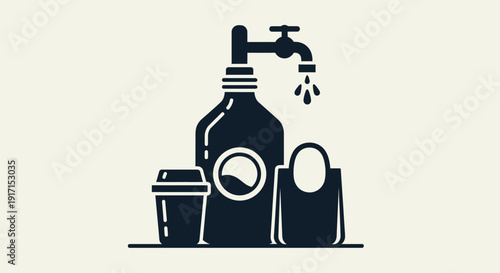 Bottle and Toiletries with Running Water Tap.