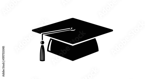 Black graduation cap with tassel on white background.