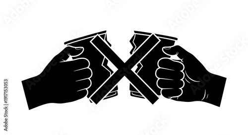 Two hands holding broken swords in a crossed position.