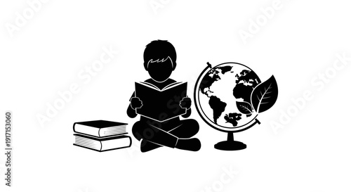 Child reading a book beside a globe and stack of books.
