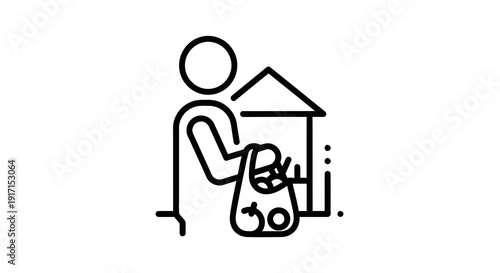 Simple line drawing of a person holding a bag near a house.