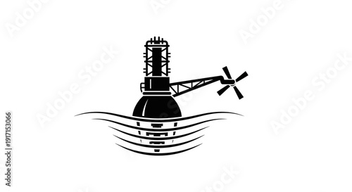 Black and white illustration of a lighthouse with a windmill on top standing in the water.