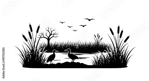 Serene wetland scene with birds and aquatic plants.