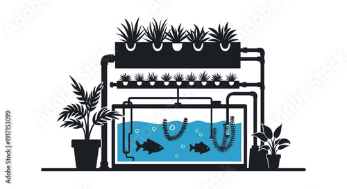 Aquaponics System with Fish and Plants Illustration.