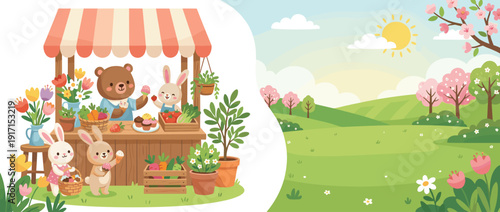 Whimsical panoramic spring market stall vector banner featuring cute bear and rabbit characters selling ice cream, cupcakes, and fresh vegetables in a sunny green meadow with blooming flowers.
