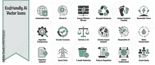 Set of 18 ecofriendly AI governance vector icons featuring sustainable data, ethical artificial intelligence, energy-efficient servers, recycled hardware, carbon footprint, and renewable power.