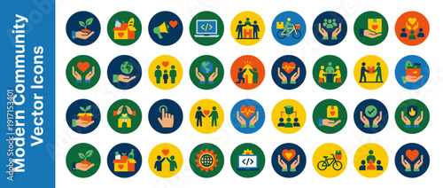 Modern Community and Volunteering Vector Icon Set with 40 Flat Design Elements for Charity, Social Support, Donation, Environmental Care, Healthcare, and Teamwork in Bold High Contrast Colors.