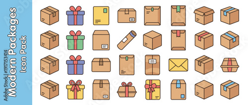 Set of 24 modern package and box icons in flat design with playful rounded shapes. Includes cardboard shipping boxes, colorful gift boxes with ribbons, mail envelopes, tubes, and delivery parcels.