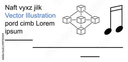 Cryptocurrency, blockchain systems, data transfer, music, design, template. Cubic blockchain network and musical note with placeholder text. Blockchain systems and cryptocurrency concept