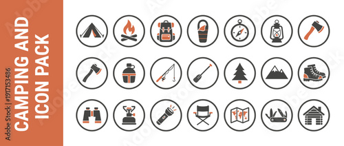 Vector Icon Set of 21 Camping and Outdoor Adventure Gear Flat Design with Orange Accents Featuring Tent Campfire Backpack Compass Lantern Axe Fishing Rod Hiking Boots Binoculars Map and Log Cabin.