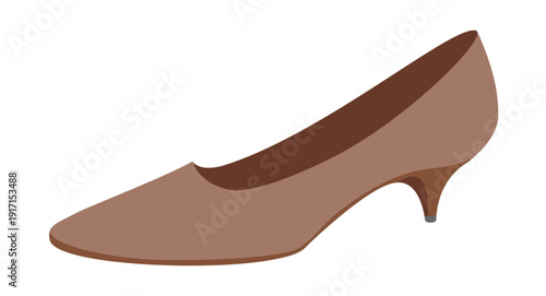 Brown kitten heel pump shoe women flat. Closed toe dress shoe for office, presentation, capsule wardrobe. Technical fashion illustration, CAD mockup, smooth vector men unisex isolated elegant style.