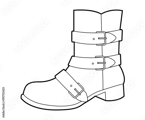 Harness boot women single line. Triple buckle mid calf boot for streetwear styling and concert nights. Technical fashion illustration CAD mockup clean vector man unisex isolated modern style.