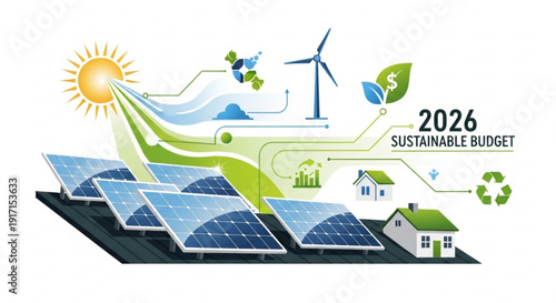 2026 sustainable budget concept with solar panels wind turbine and eco friendly homes