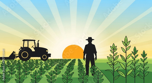 Farmer standing in cornfield at sunrise with tractor agricultural landscape