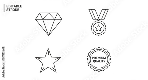 Editable stroke icons set including diamond medal star and premium quality seal on white background for luxury quality and excellence