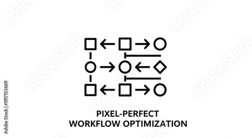 Pixel perfect workflow optimization process diagram with geometric shapes and arrows on white background
