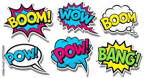 Vibrant comic book speech bubbles with dynamic words like boom pow and bang on white background for graphic design