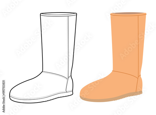 Beige tall winter boot women color plus line set. Fleece lined straight shaft boot for footwear guide and lifestyle project. Technical fashion illustration CAD mockup mixed vector man unisex 