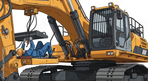 Sought Construction Professions. A Heavy Machine Operator Works on an Excavator, Focused on Maintaining the Equipment. Transparent Background
