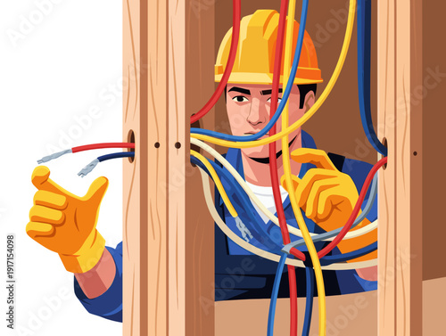 Sought Construction Professions. Skilled Electrician Working on Colorful Wires Within a Wooden Frame During Daylight Hours. Transparent Background
