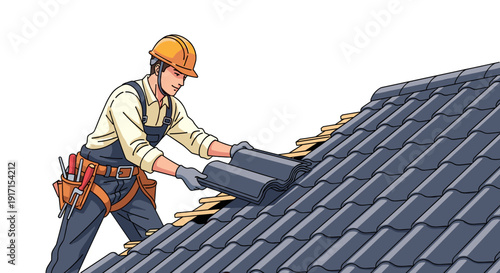 Sought Construction Professions. Skilled Roofer Carefully Placing Tiles on a Pitched Roof Under Bright Sunlight. Transparent Background