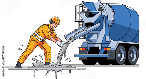 Sought Construction Professions. A Worker in Bright Orange Uniform Handles Concrete Pouring From a Mixer Truck at a Busy Construction Site. Transparent Background