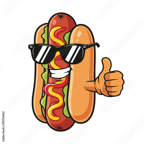 A smiling hot dog wearing sunglasses gives a thumbs-up in a colorful cartoon illustration.