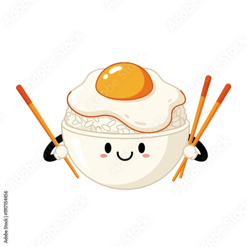 Cute cartoon bowl of rice with egg and chopsticks on a white background illustration