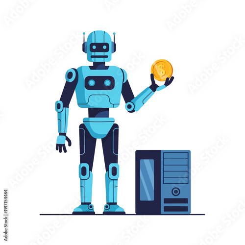 A robot holds a coin next to a computer in an illustration.