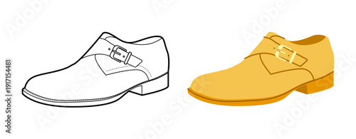 Monkstrap mens yellow flat plus line shoe set. Single strap leather footwear with modern formal smart casual style. Technical illustration CAD mockup sketch vector outline isolated on white background