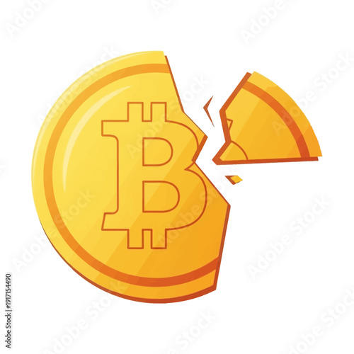 A broken bitcoin coin illustration with a cracked piece separated on a white background