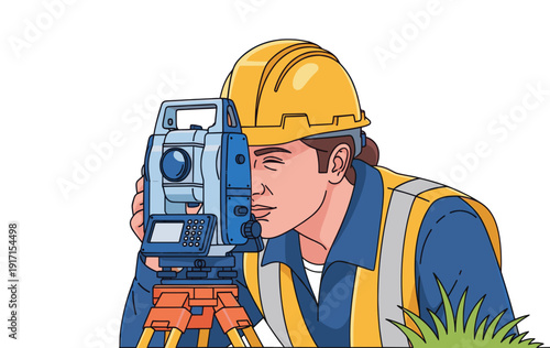 Sought Construction Professions. Surveyor Examines Land With Precision Equipment in Bright Yellow Hard Hat and Striped Vest. Transparent Background