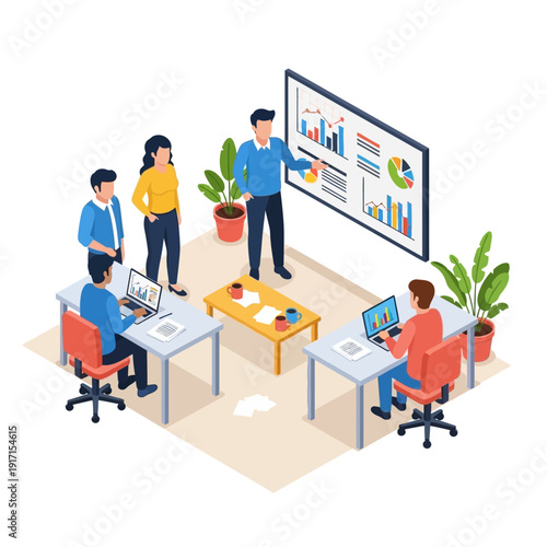 Business team presents data on screen in office meeting room with coworkers