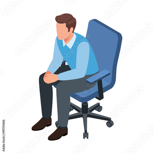A man sits on a blue office chair looking down.