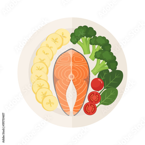 A plate of food with a salmon steak, sliced potatoes, broccoli, spinach, and tomatoes.