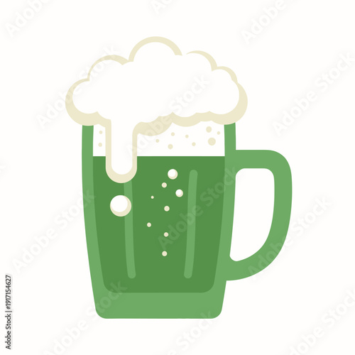 A frothy green beer mug overflowing with foam illustration on a white background