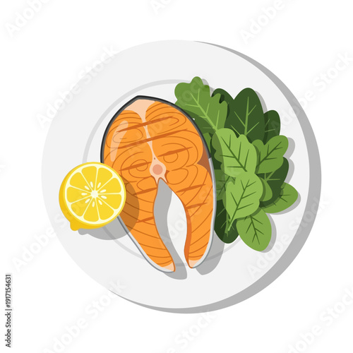 A vibrant plate of grilled salmon fillet with green lettuce and lemon on a white background illustration.