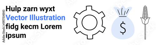 Gear, dollar money bag, and wheat stalk emphasizing industry, finance, and agriculture. Ideal for economy, sustainability, growth, development technology business strategy simple landing page