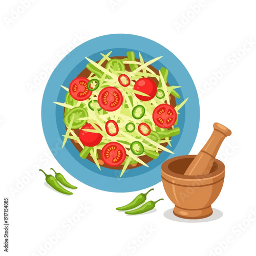 An illustration shows a plate of food with tomatoes and peppers next to a mortar.