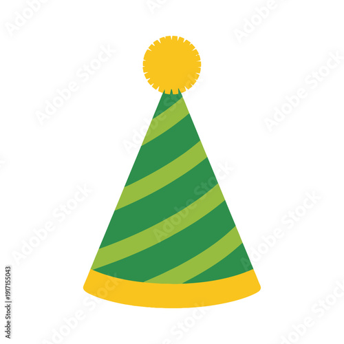 Green and yellow party hat illustration with striped pattern and pompom on top, viewed from front.