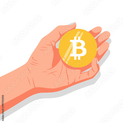 Hand holding a Bitcoin coin, cryptocurrency concept illustration