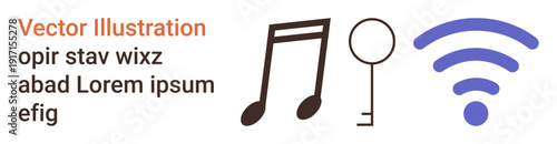 Technology, internet, music, access, digital culture, networking. A music note, a key and a wireless signal icon. Technology and internet by wireless and key illustration
