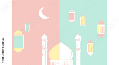 Ramadan Kareem Mosque Crescent Moon Lanterns Pink Teal Background Islamic Celebration