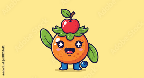 Cute cartoon persimmon character wearing an apple hat and waving hello