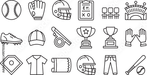 Collection of Line Representing Sports Equipment and Awards baseball glove
