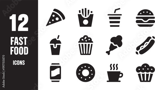 Twelve Black Silhouette Representing Various Fast Food And Drinks On White Background